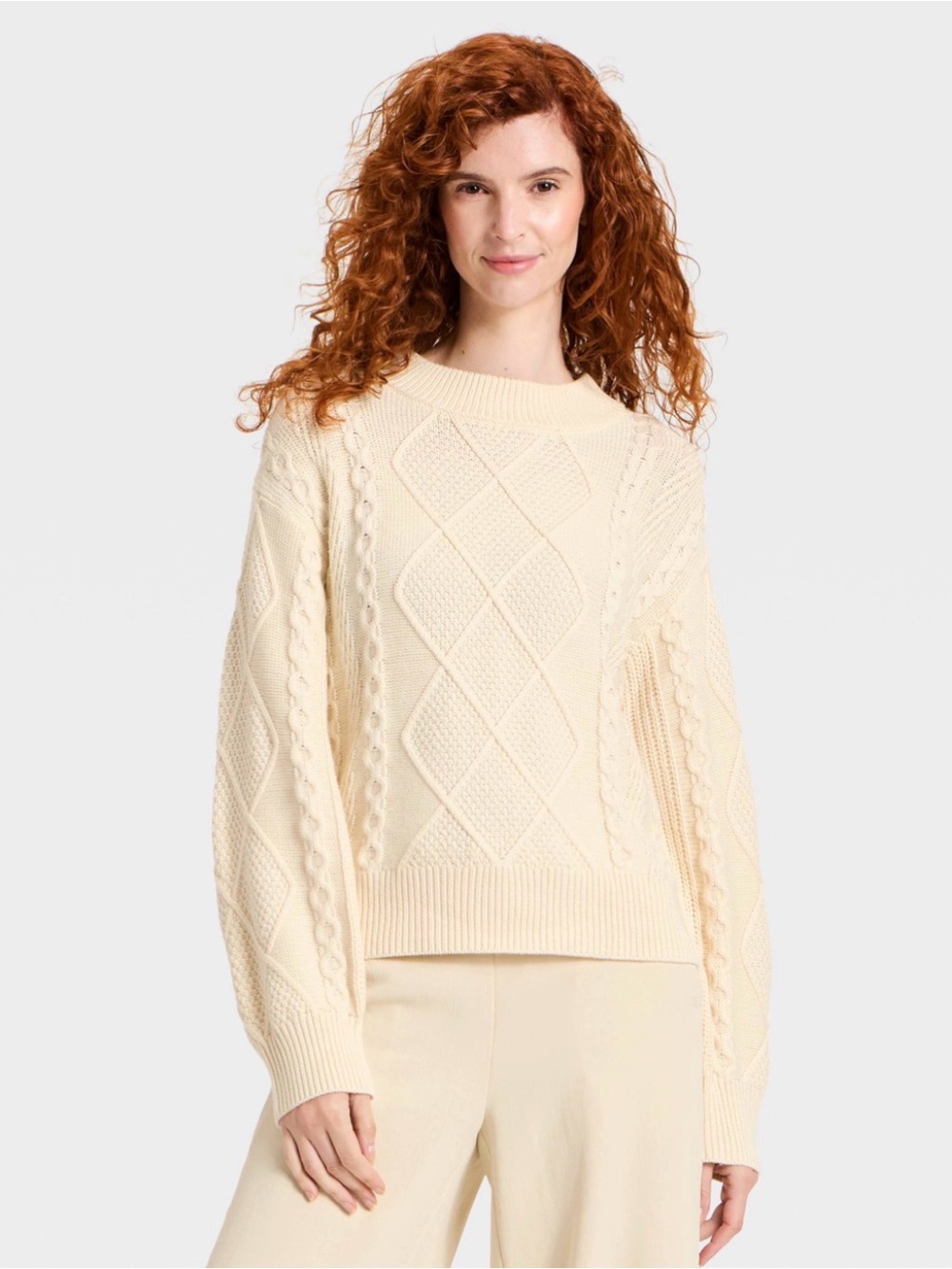 Universal Thread Cream Cable-Knit Crewneck Sweater Large